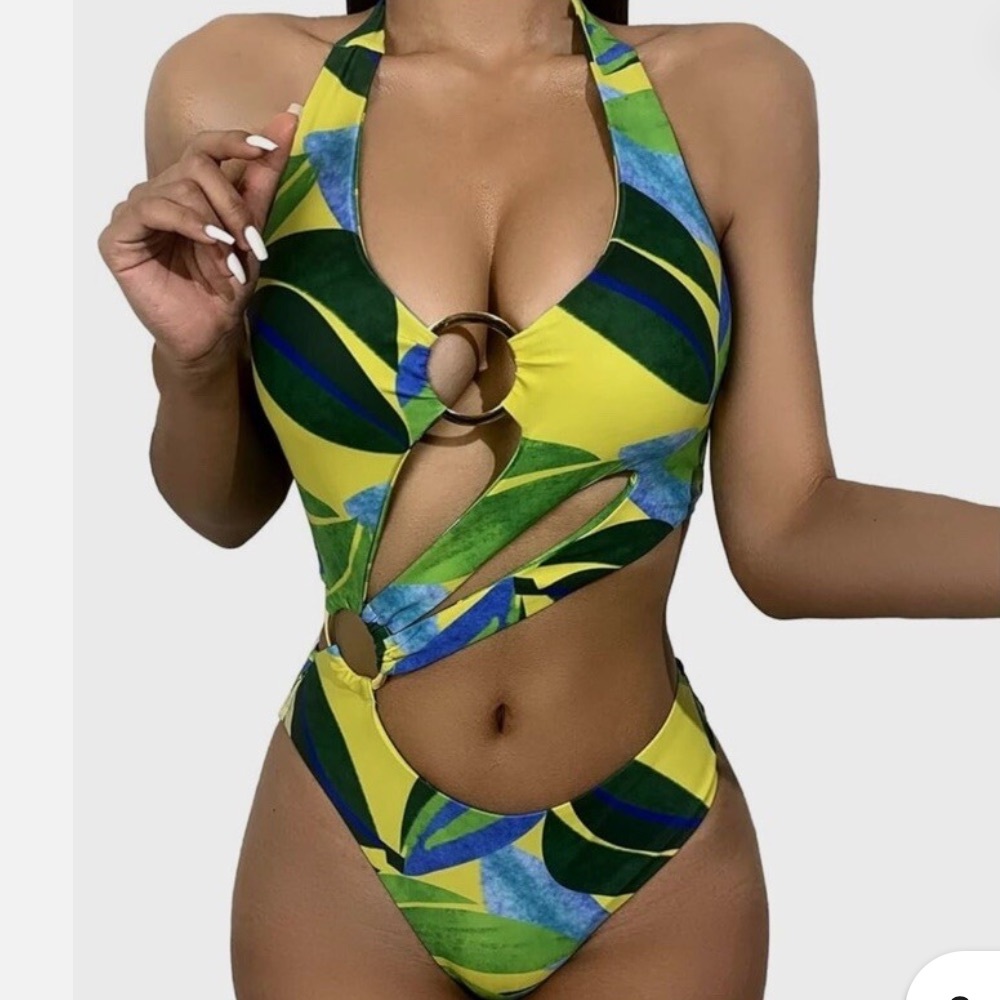 SHEIN Tropical Print O-Ring Halter Neck Monokini